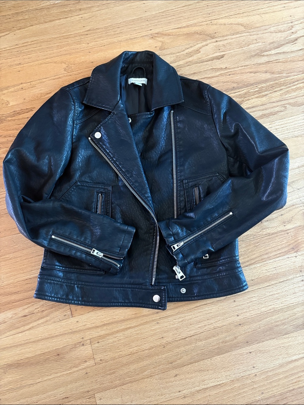 Topshop Black Leather Moto Jacket with Silver Hardware